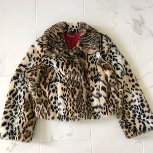 Express faux fur cropped jacket leopard print